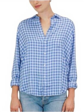 Frank & Eileen Eileen Relaxed Button Up Shirt Blue Plaid Check 100% Modal Size L